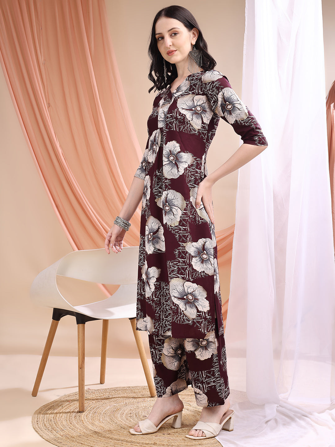 Floral Printed Kurta With Palazzo, Wine - Hiral Fashion