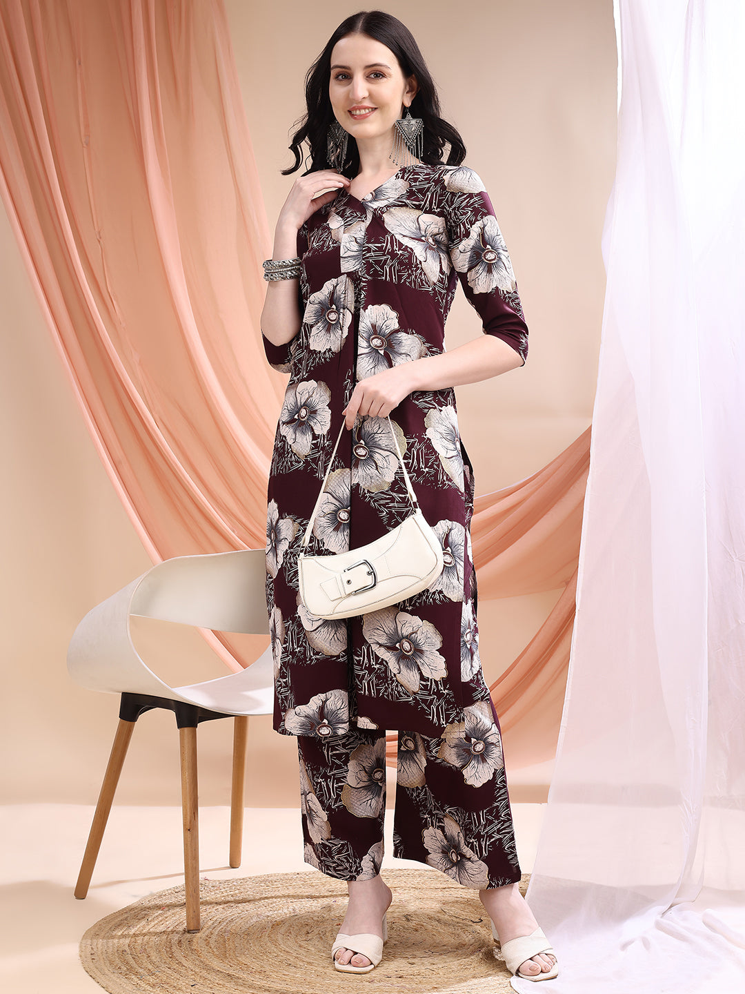 Floral Printed Kurta With Palazzo, Wine - Hiral Fashion