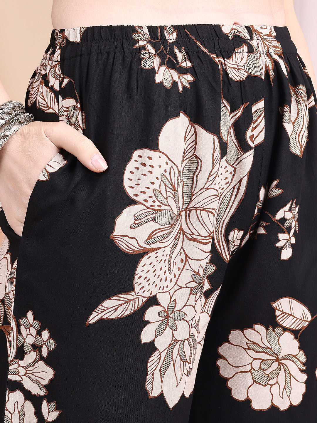 Floral Printed Kurta Set, Black - Hiral Fashion