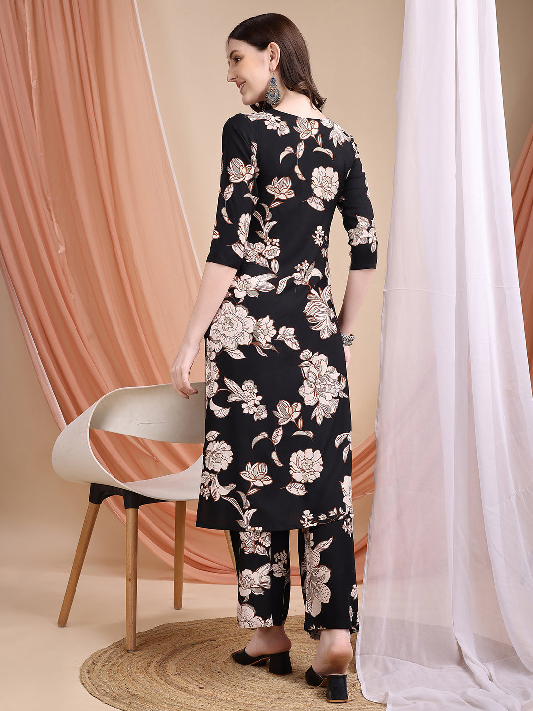 Floral Printed Kurta Set, Black - Hiral Fashion
