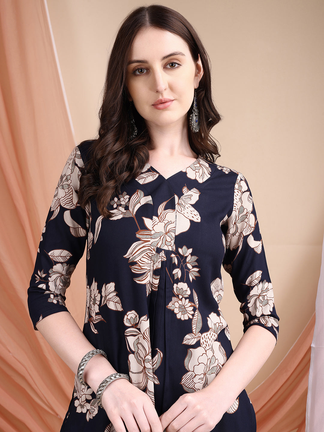 Floral Printed Kurta Set, Navy Blue - Hiral Fashion