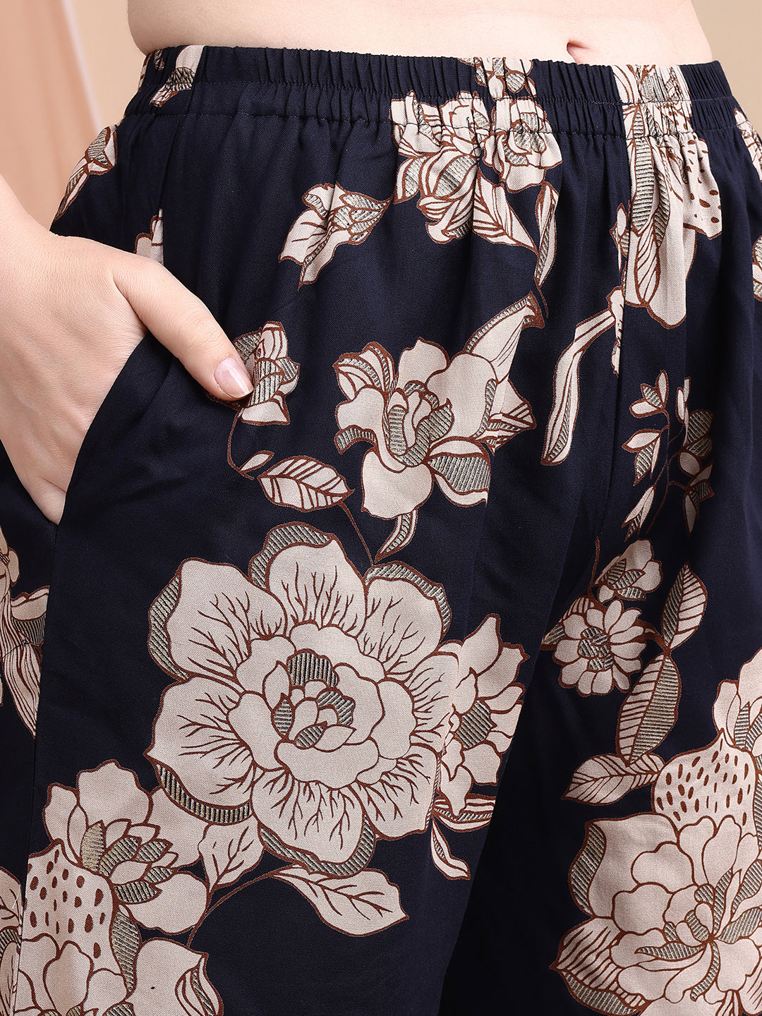 Floral Printed Kurta Set, Navy Blue - Hiral Fashion