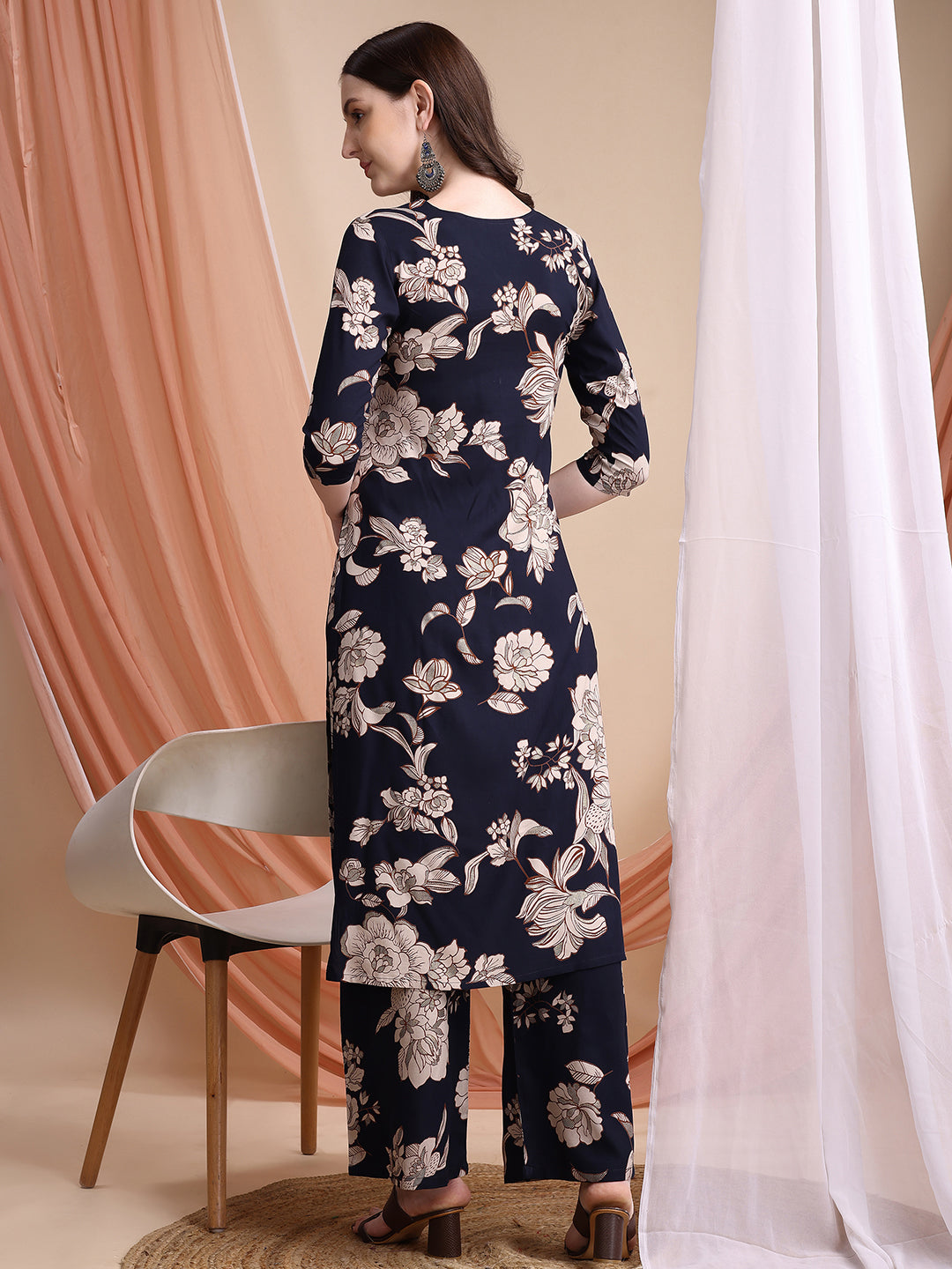 Floral Printed Kurta Set, Navy Blue - Hiral Fashion