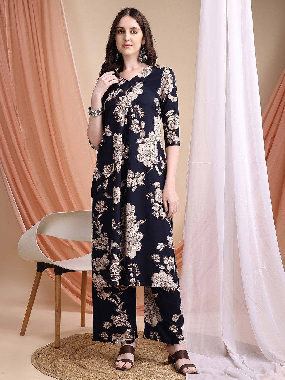 Floral Printed Kurta Set, Navy Blue - Hiral Fashion