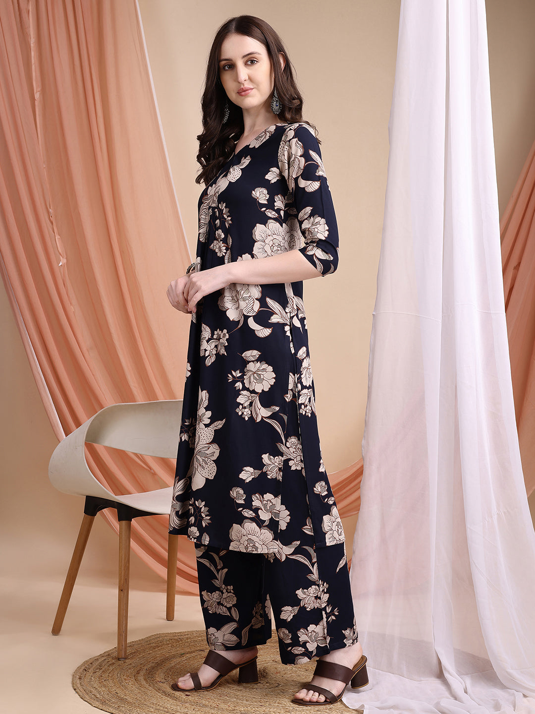 Floral Printed Kurta Set, Navy Blue - Hiral Fashion