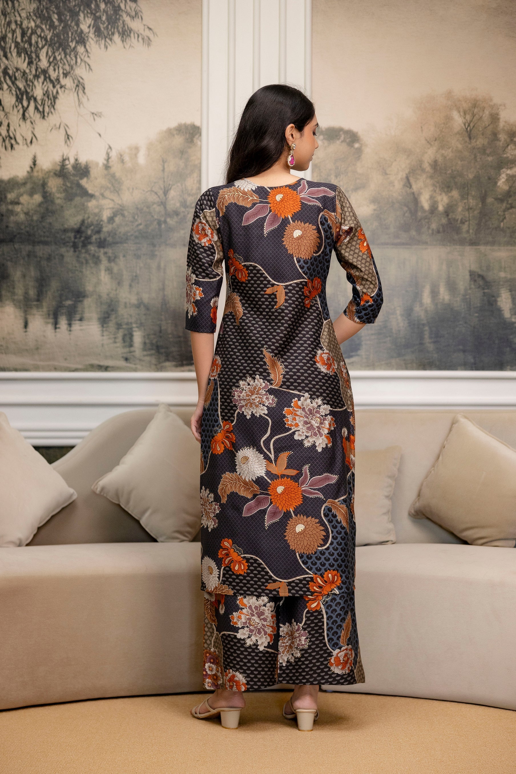 Floral Motifs Printed Kurta With Palazzo, Grey - Hiral Fashion