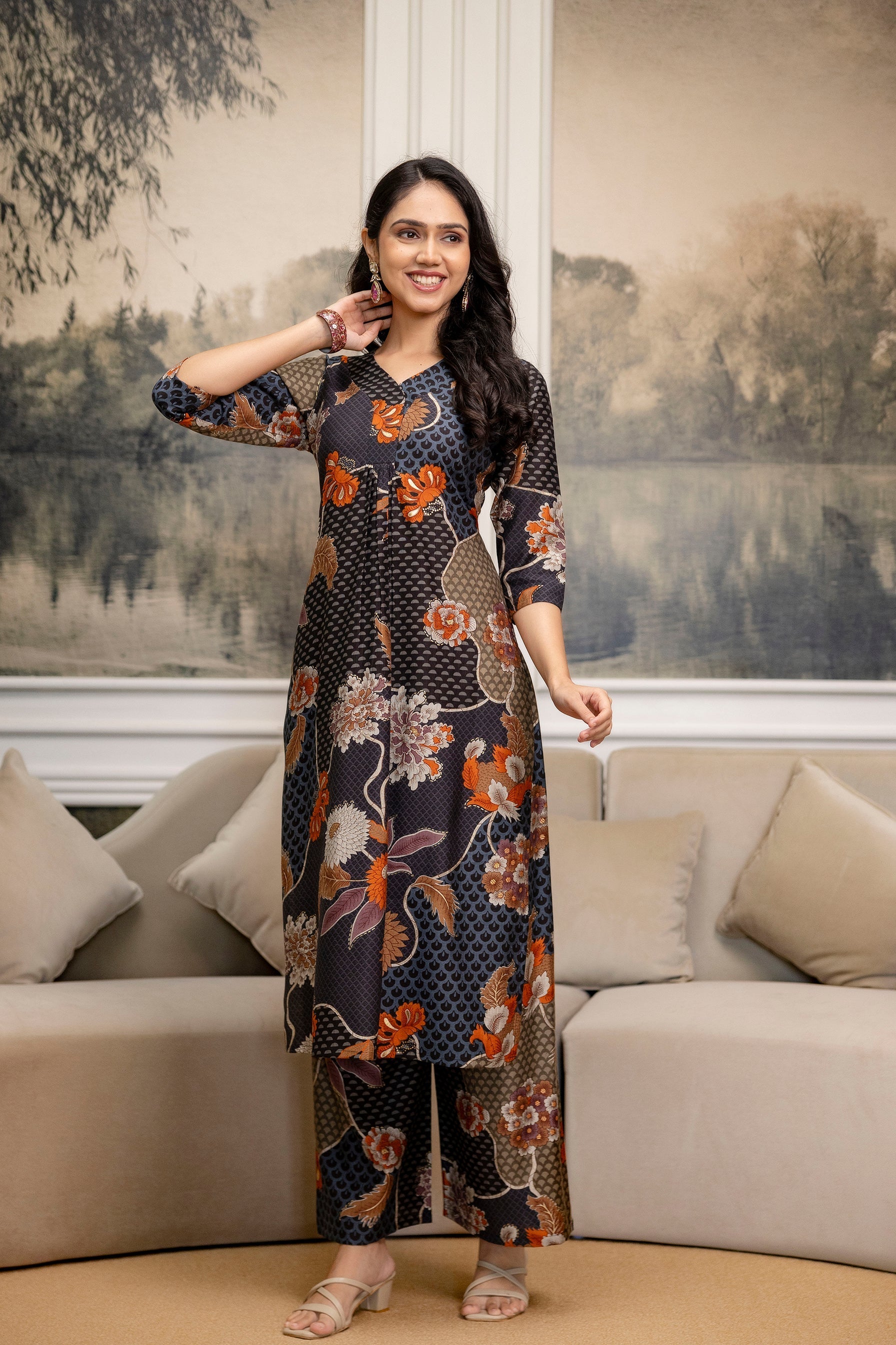 Floral Motifs Printed Kurta With Palazzo, Grey - Hiral Fashion