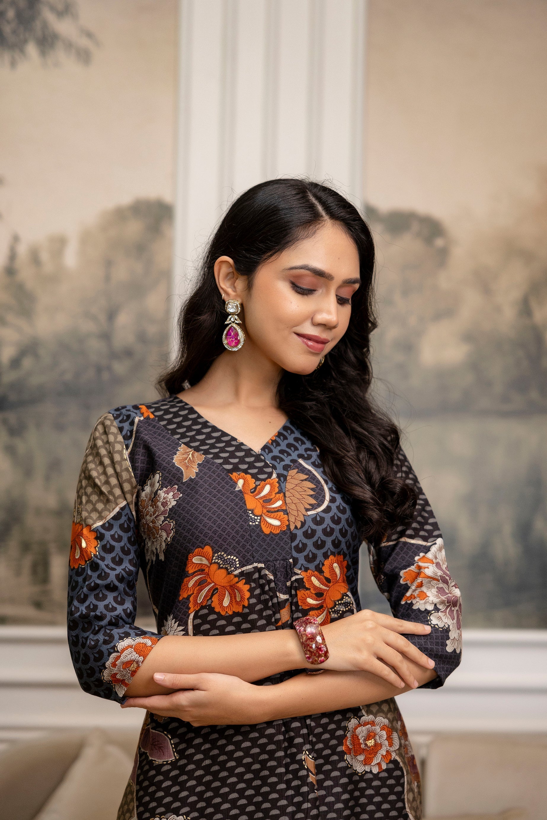 Floral Motifs Printed Kurta With Palazzo, Grey - Hiral Fashion