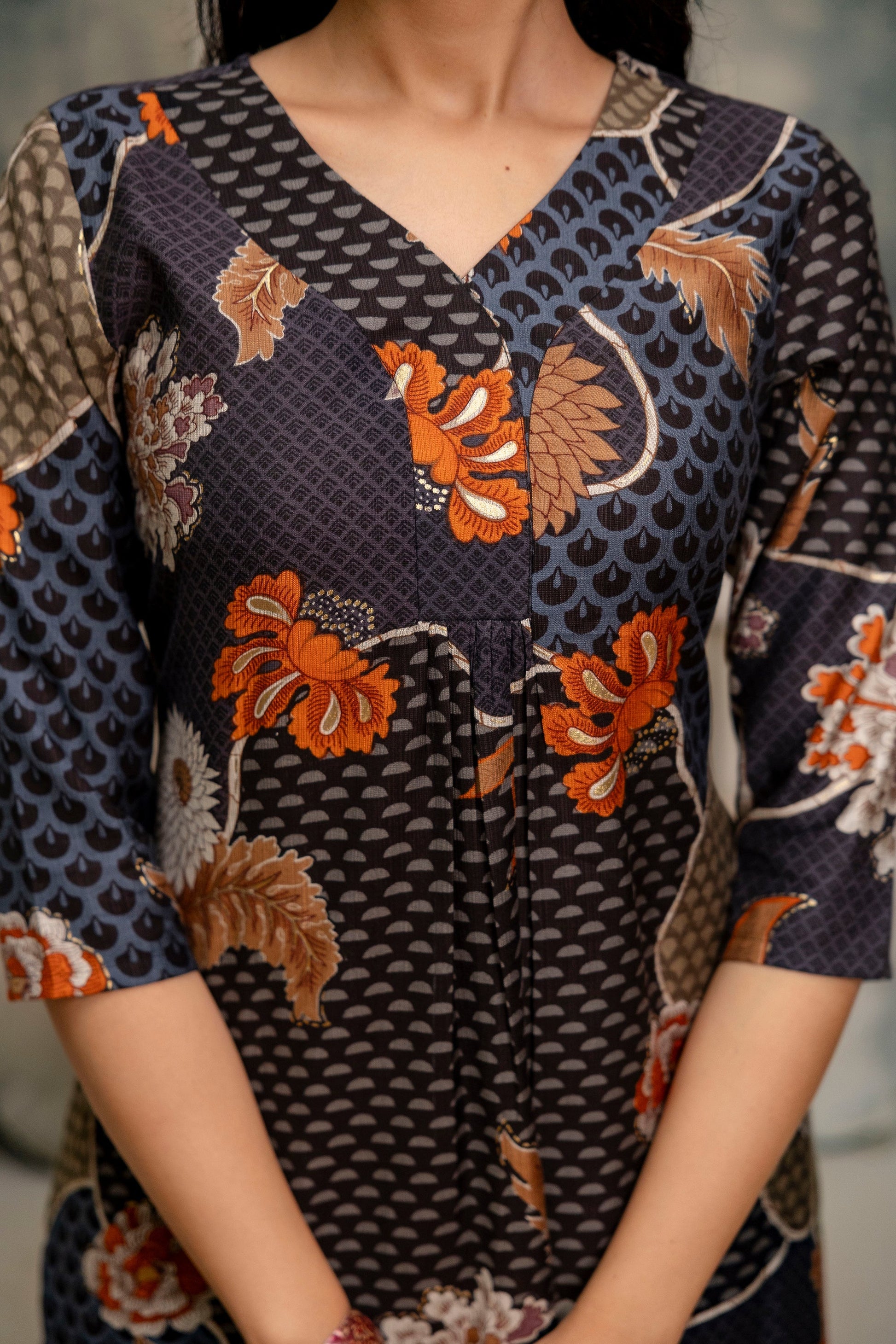 Floral Motifs Printed Kurta With Palazzo, Grey - Hiral Fashion
