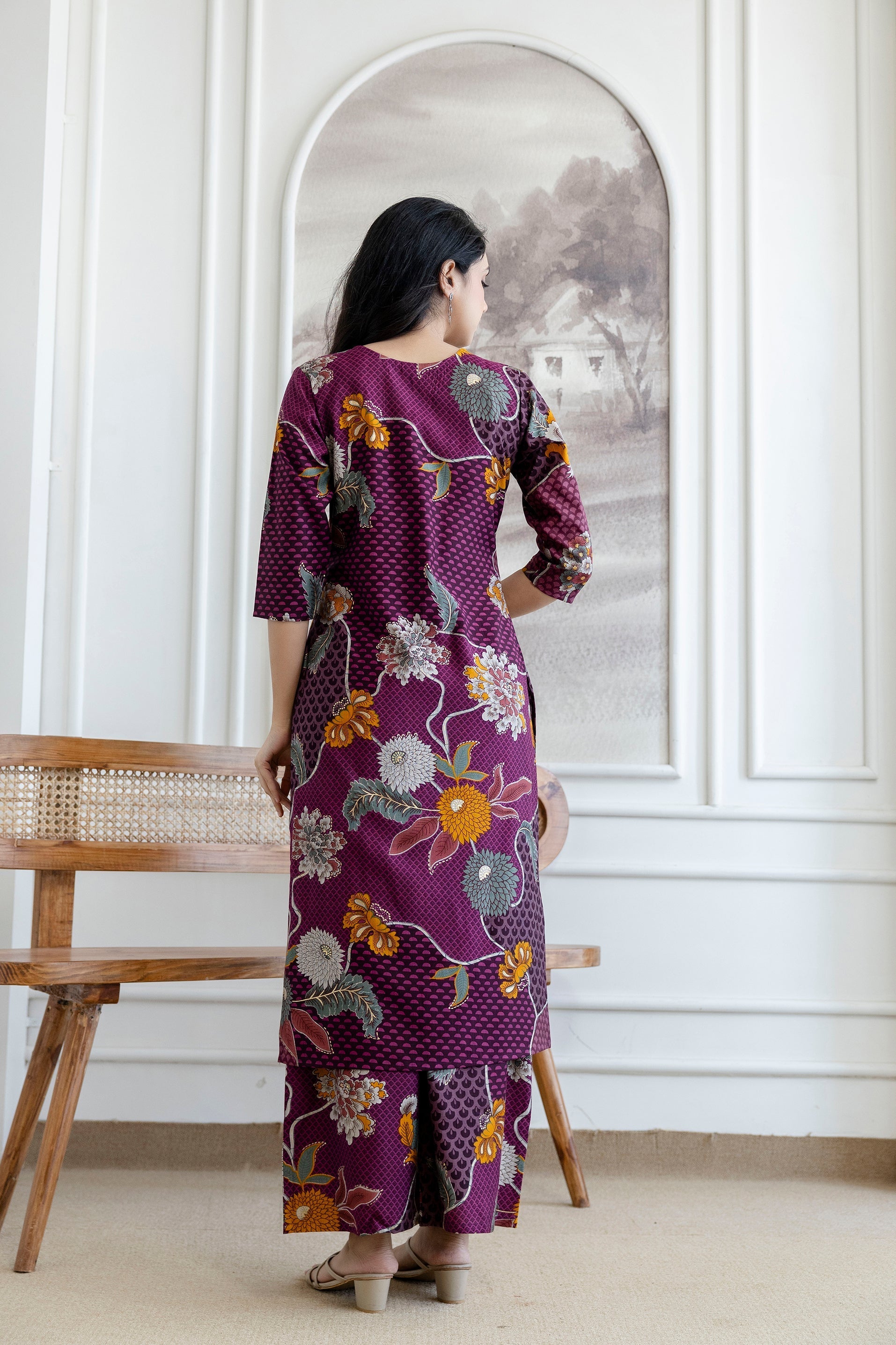 Floral Motifs Printed Kurta With Palazzo, Purple - Hiral Fashion