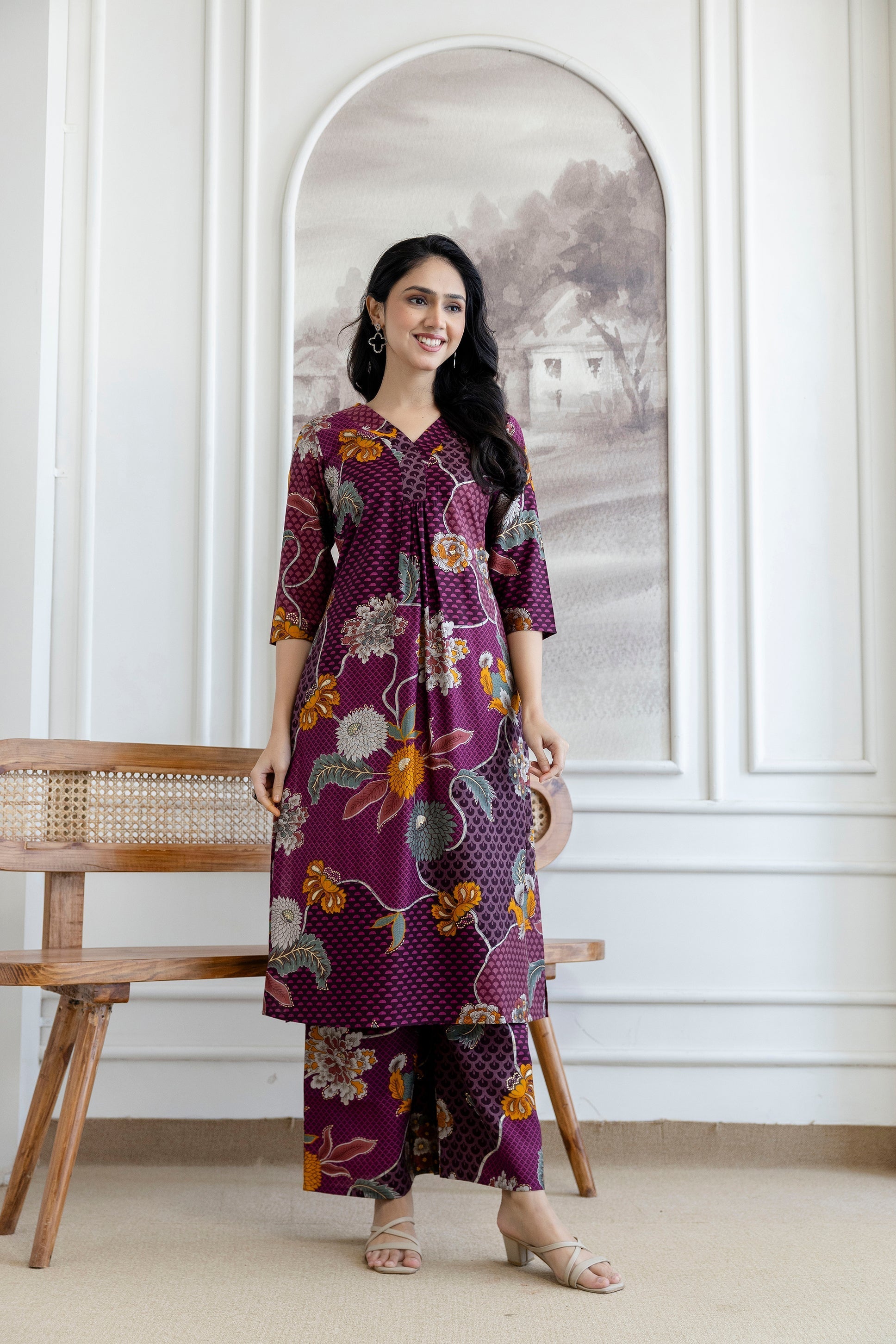 Floral Motifs Printed Kurta With Palazzo, Purple - Hiral Fashion