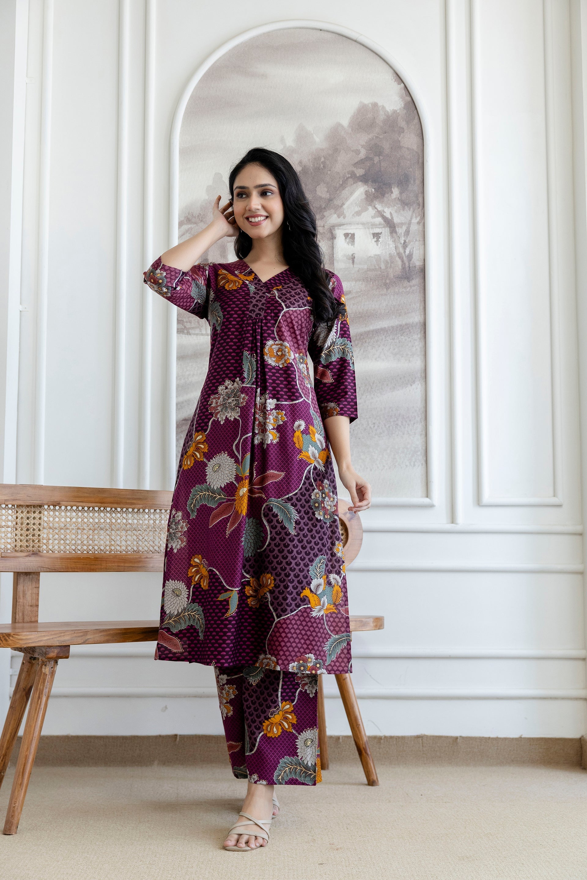 Floral Motifs Printed Kurta With Palazzo, Purple - Hiral Fashion