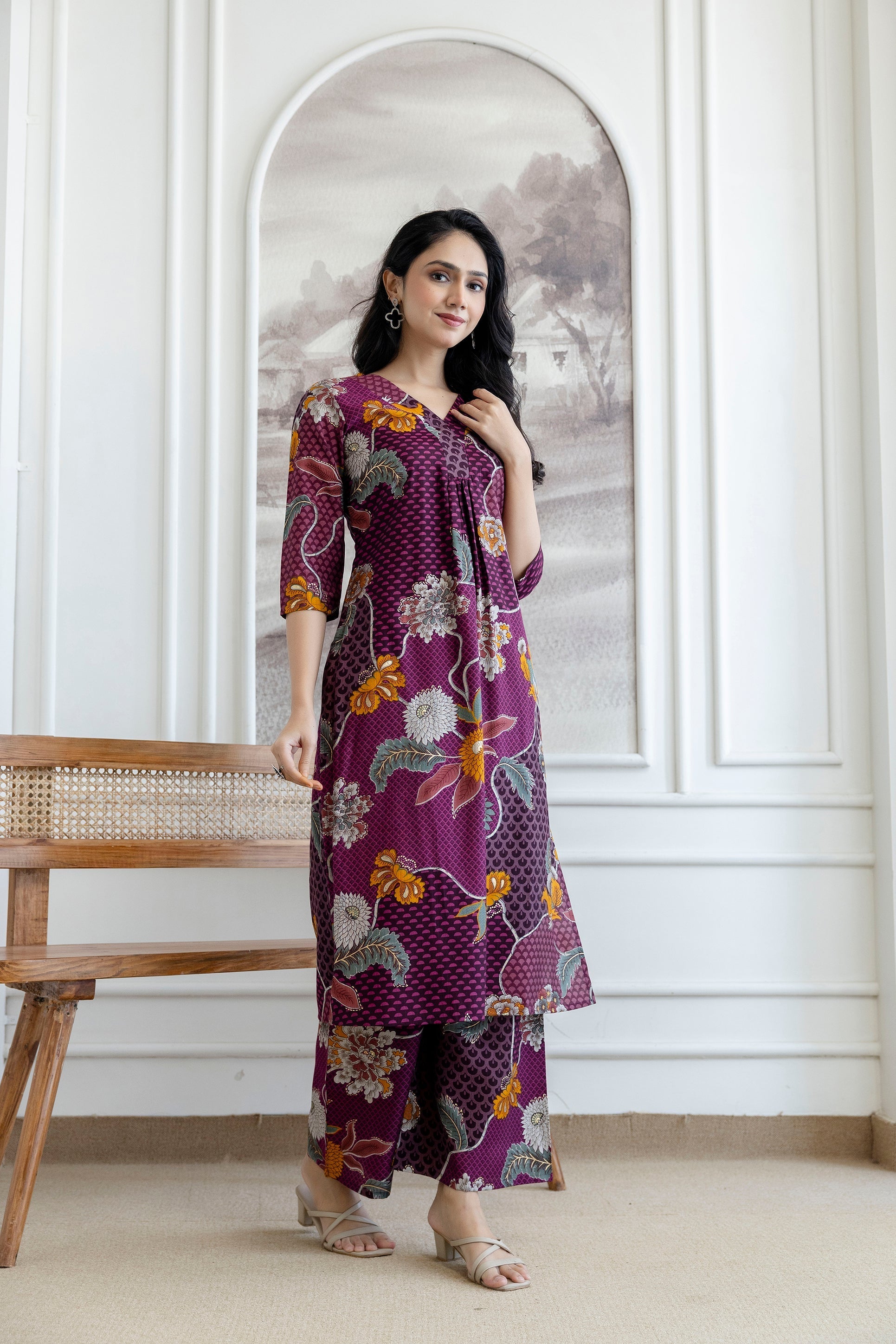 Floral Motifs Printed Kurta With Palazzo, Purple - Hiral Fashion