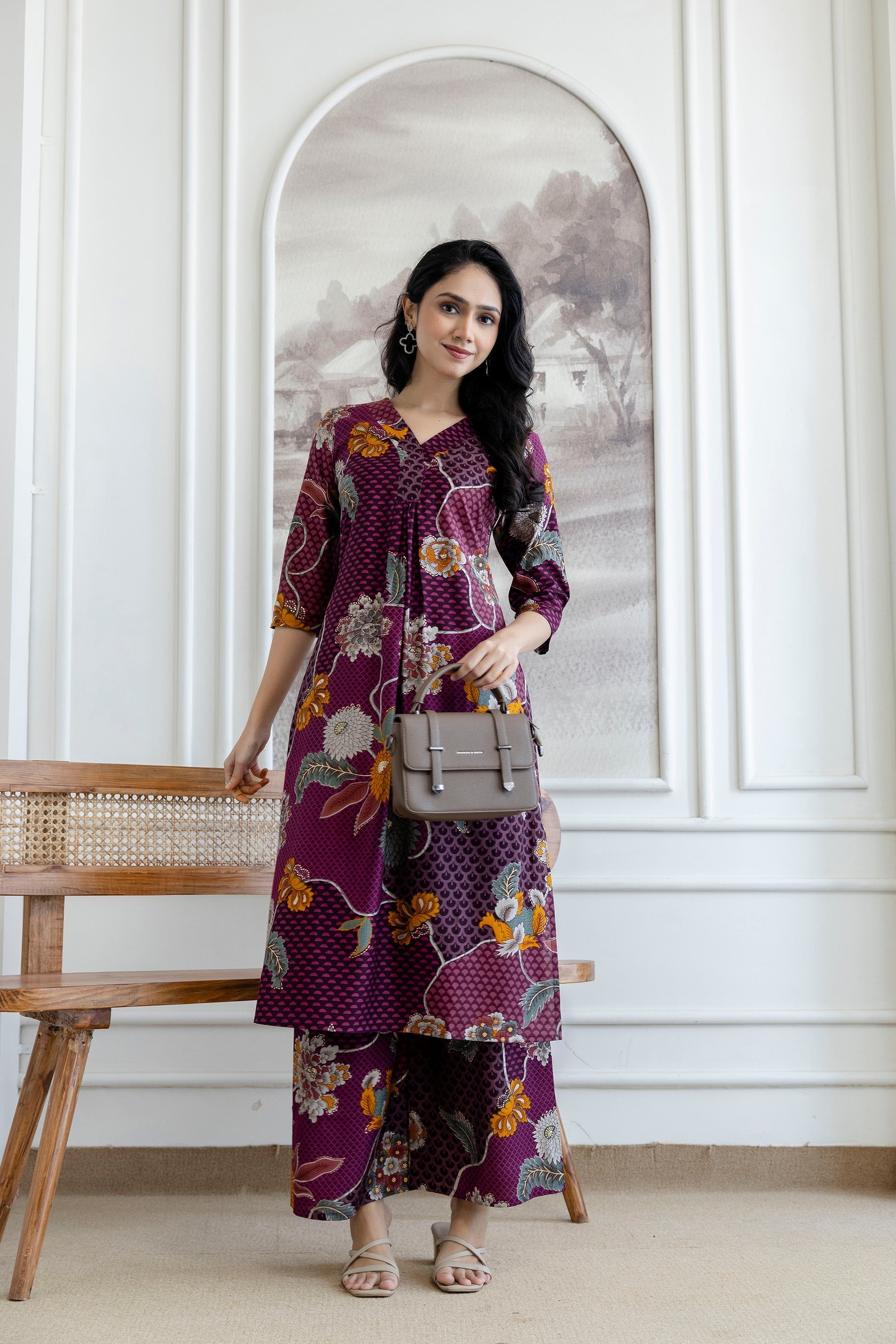 Floral Motifs Printed Kurta With Palazzo, Purple - Hiral Fashion