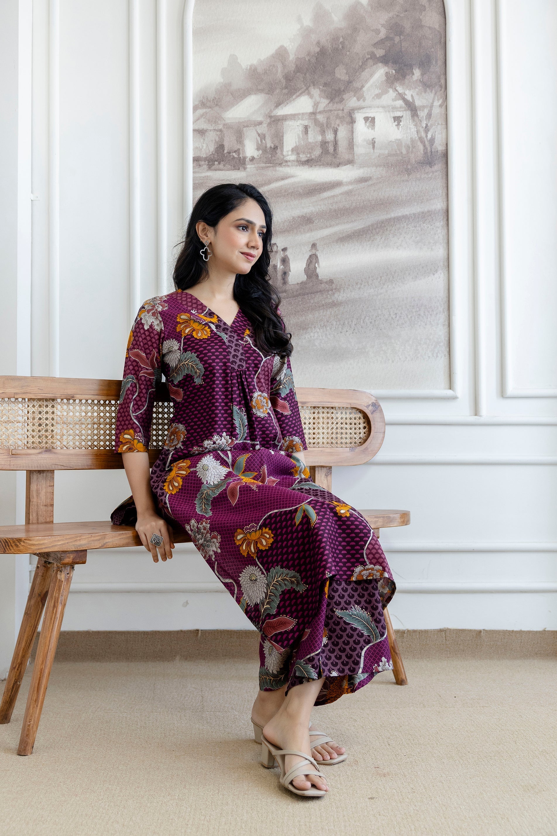 Floral Motifs Printed Kurta With Palazzo, Purple - Hiral Fashion