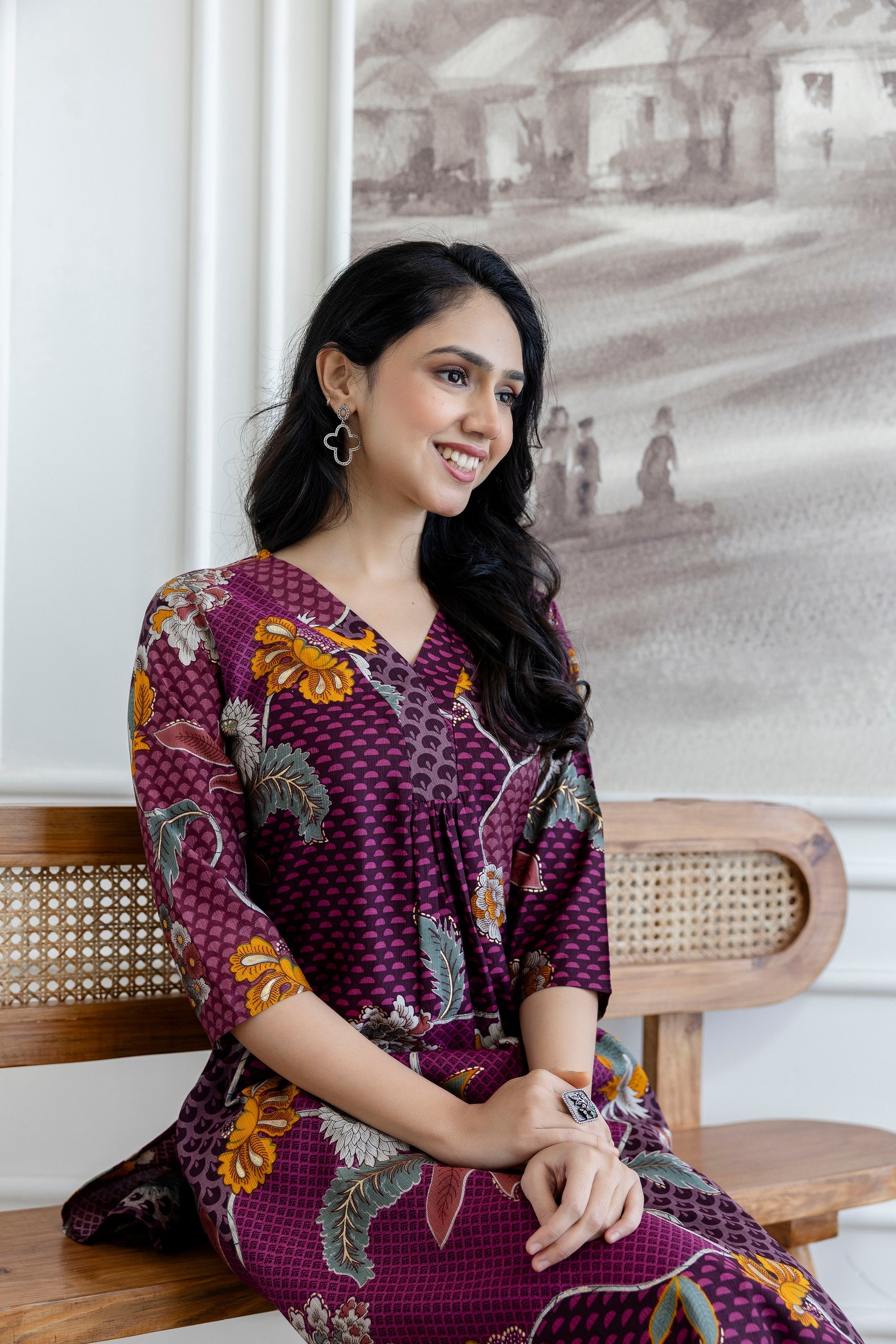 Floral Motifs Printed Kurta With Palazzo, Purple - Hiral Fashion