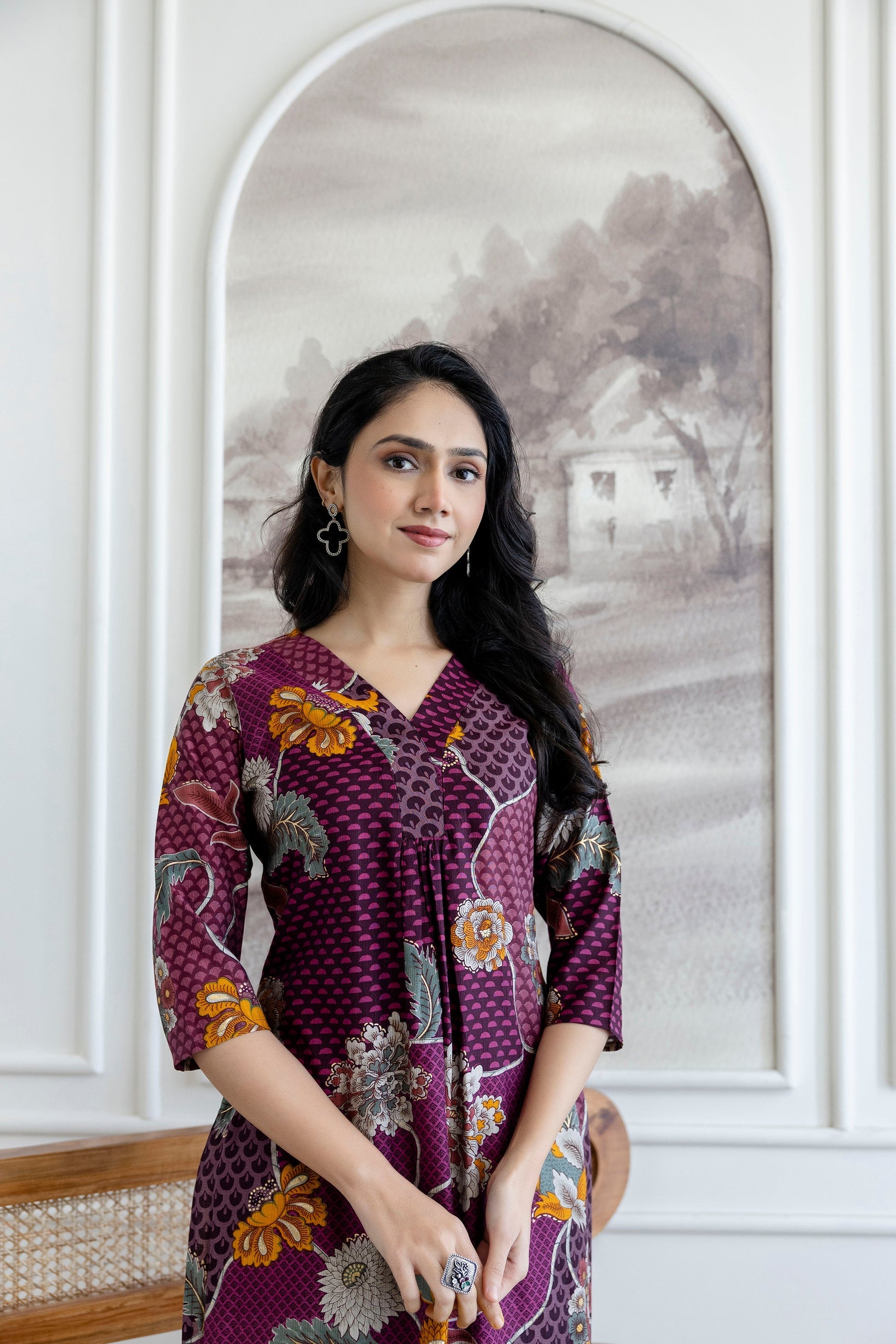 Floral Motifs Printed Kurta With Palazzo, Purple - Hiral Fashion