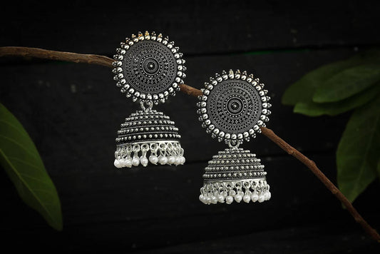 Mominos Fashion Johar Kamal Silver Color Jhumkas With White Pearls Earrings - Grab2buy