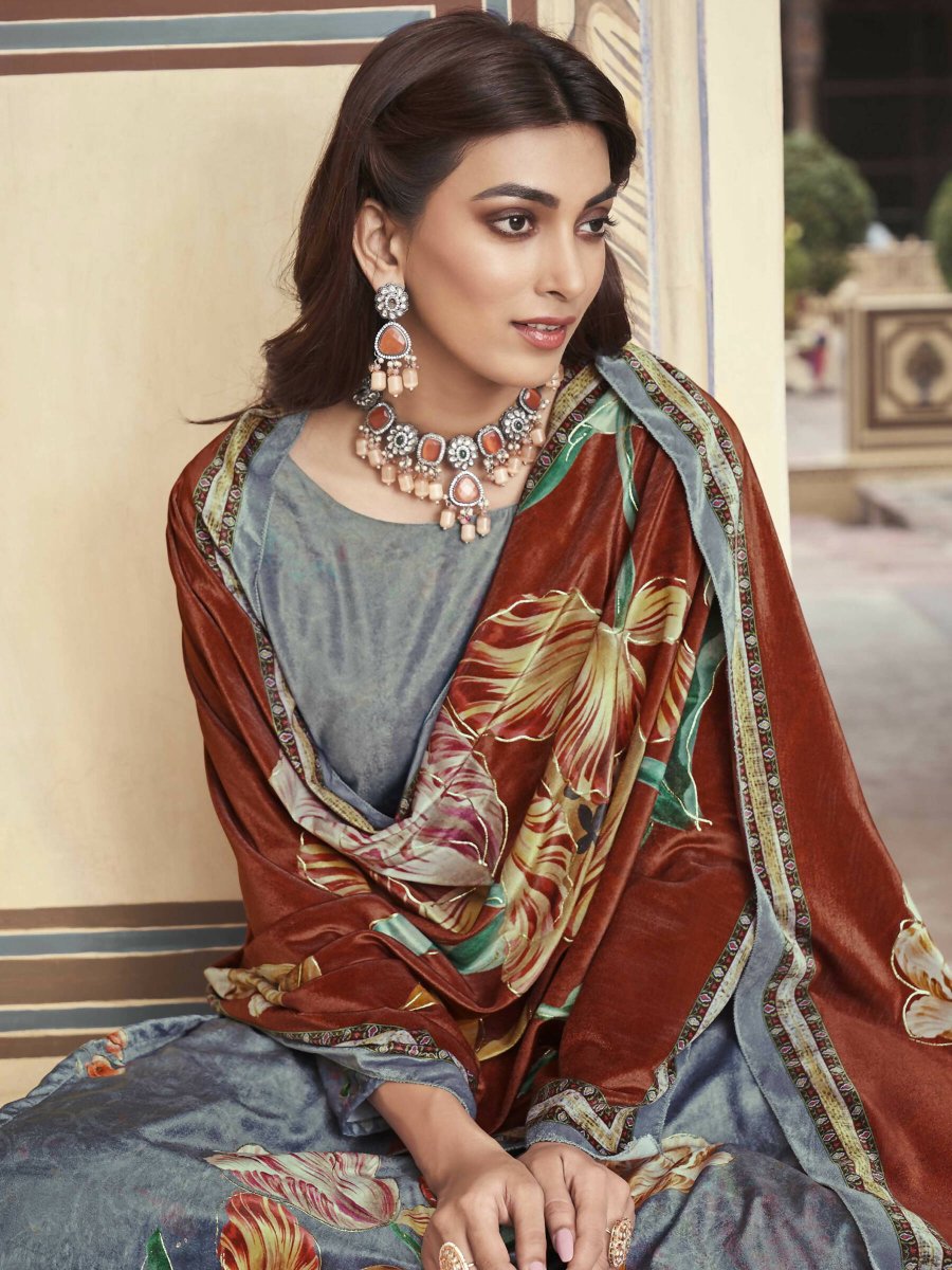 Aastha Fashion Women's Grey Velvet Floral Digital Printed Kurta with Trouser & Dupatta - Grab2buy