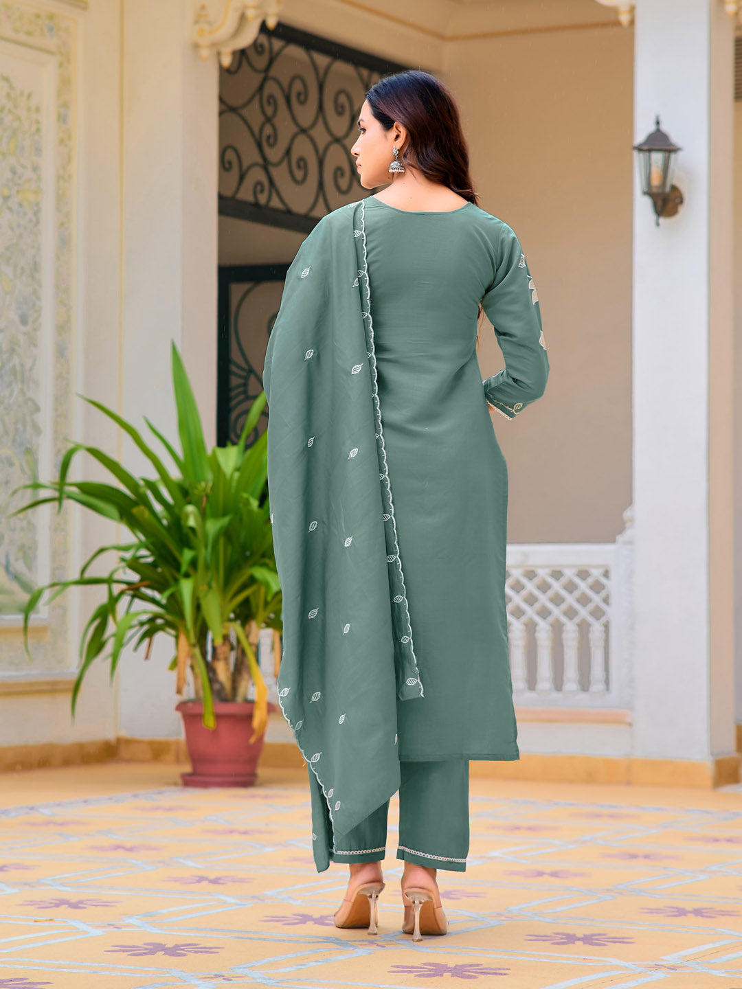 Embroidered Kurta With Pant & Embroidered Dupatta, Green - Hiral Fashion