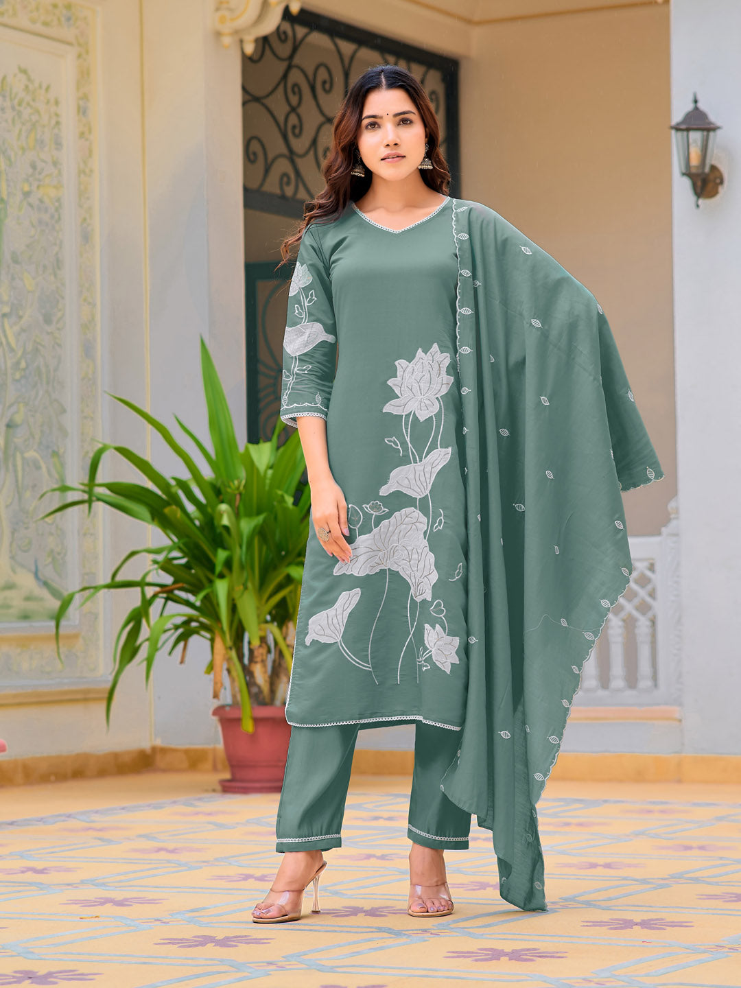 Embroidered Kurta With Pant & Embroidered Dupatta, Green - Hiral Fashion