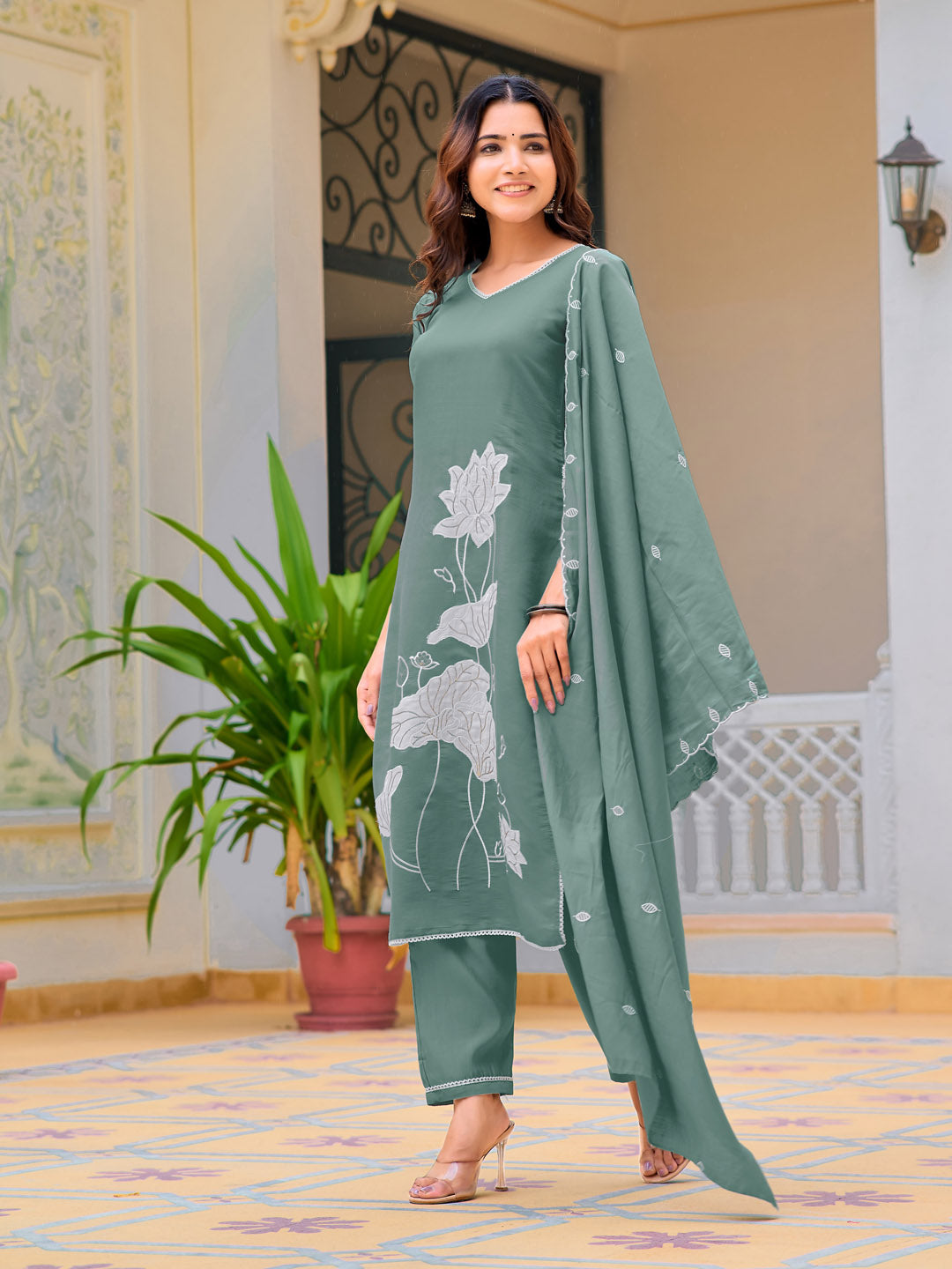 Embroidered Kurta With Pant & Embroidered Dupatta, Green - Hiral Fashion