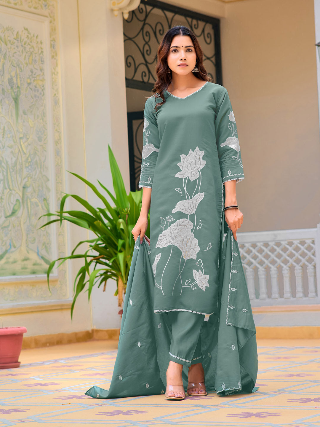 Embroidered Kurta With Pant & Embroidered Dupatta, Green - Hiral Fashion