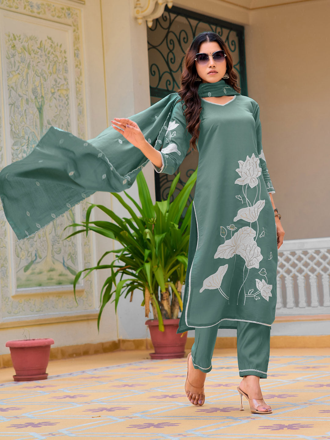 Embroidered Kurta With Pant & Embroidered Dupatta, Green - Hiral Fashion