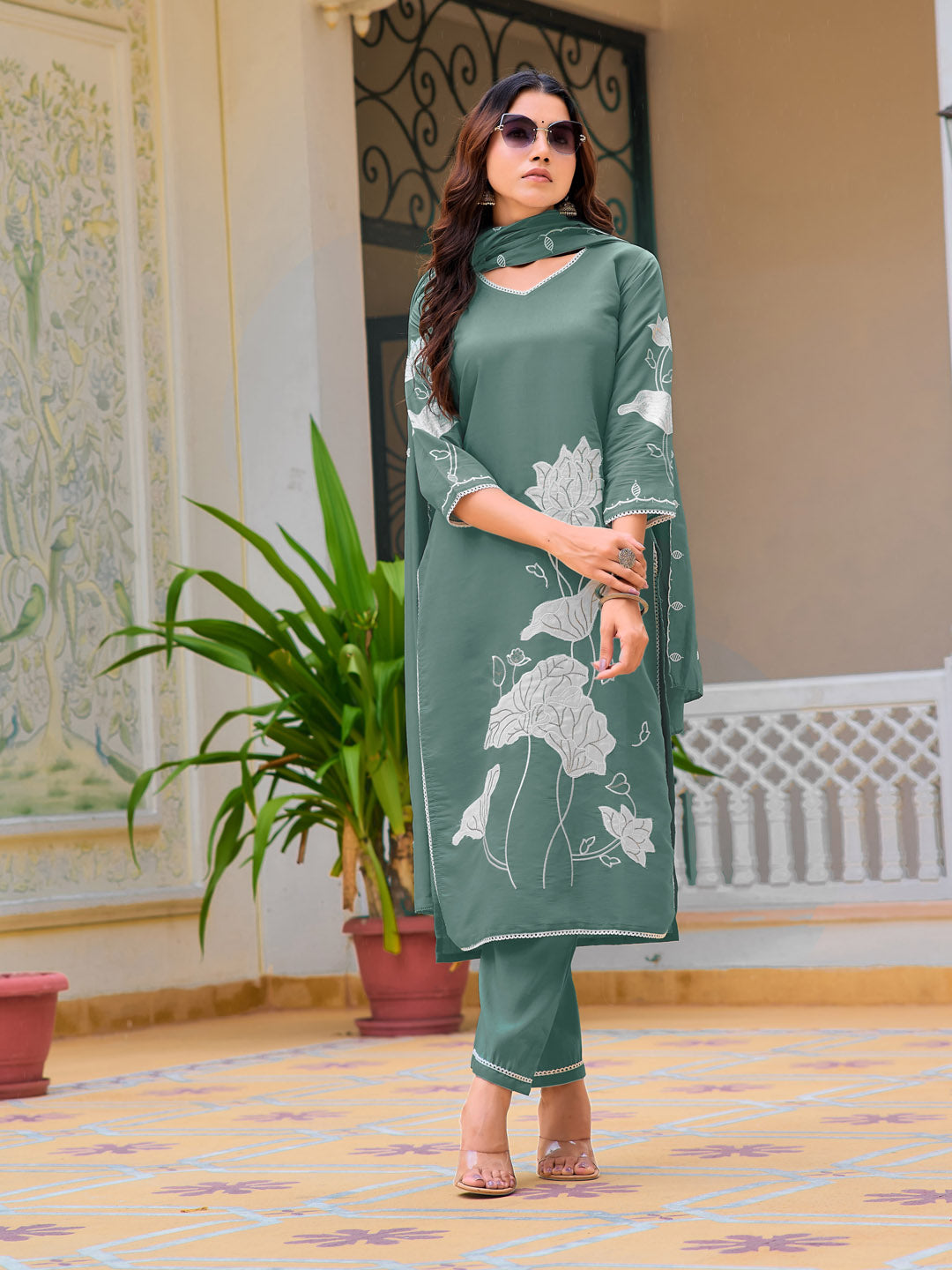 Embroidered Kurta With Pant & Embroidered Dupatta, Green - Hiral Fashion