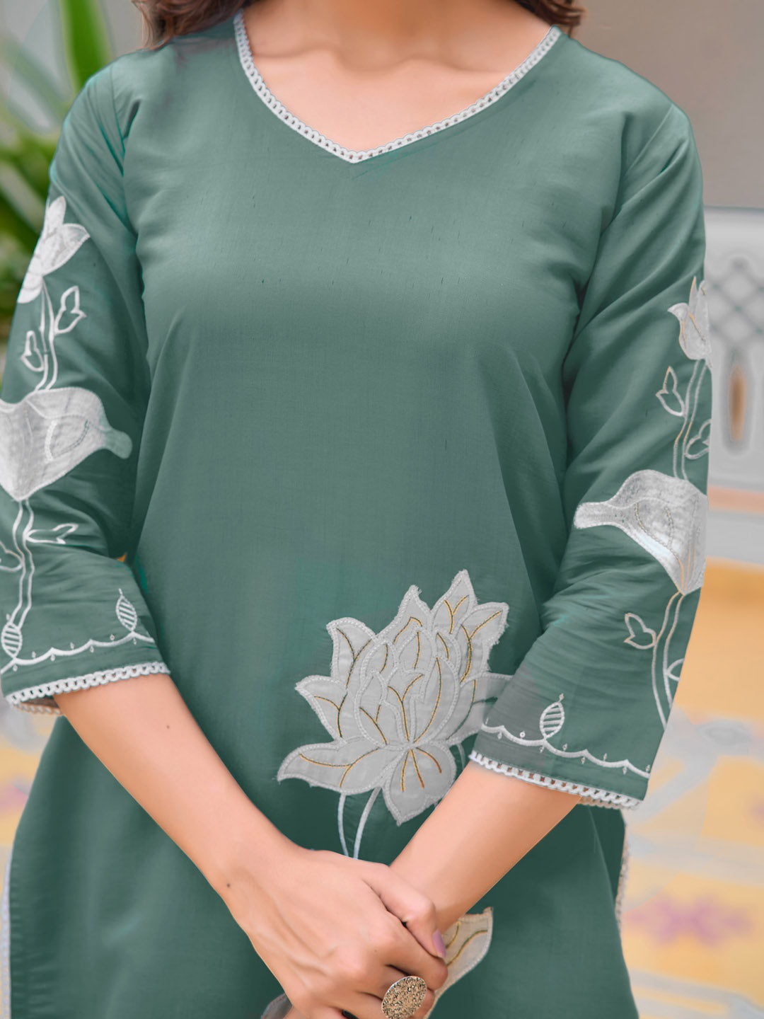 Embroidered Kurta With Pant & Embroidered Dupatta, Green - Hiral Fashion