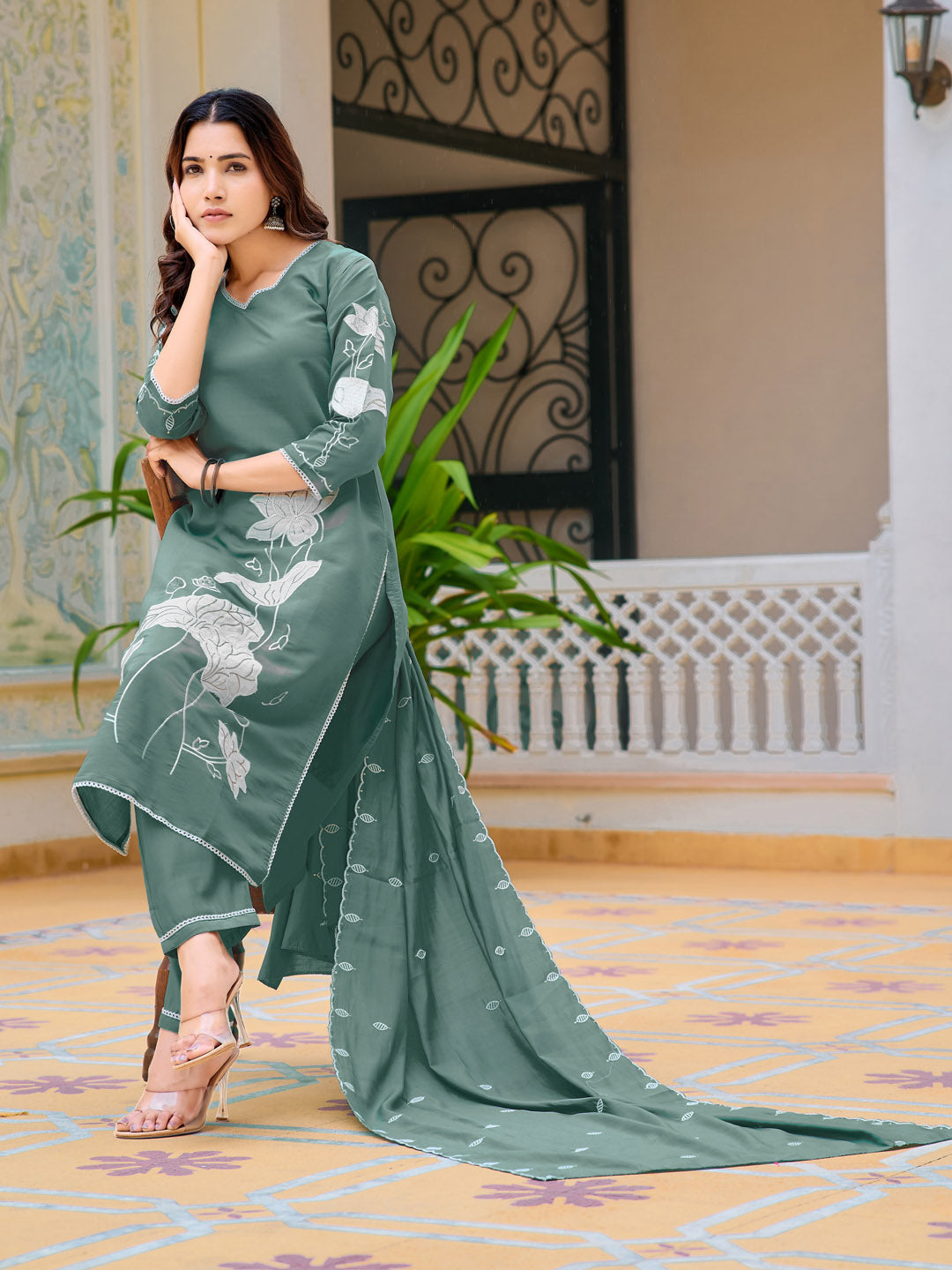 Embroidered Kurta With Pant & Embroidered Dupatta, Green - Hiral Fashion