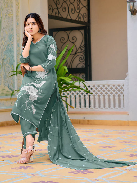 Embroidered Kurta With Pant & Embroidered Dupatta, Green - Hiral Fashion