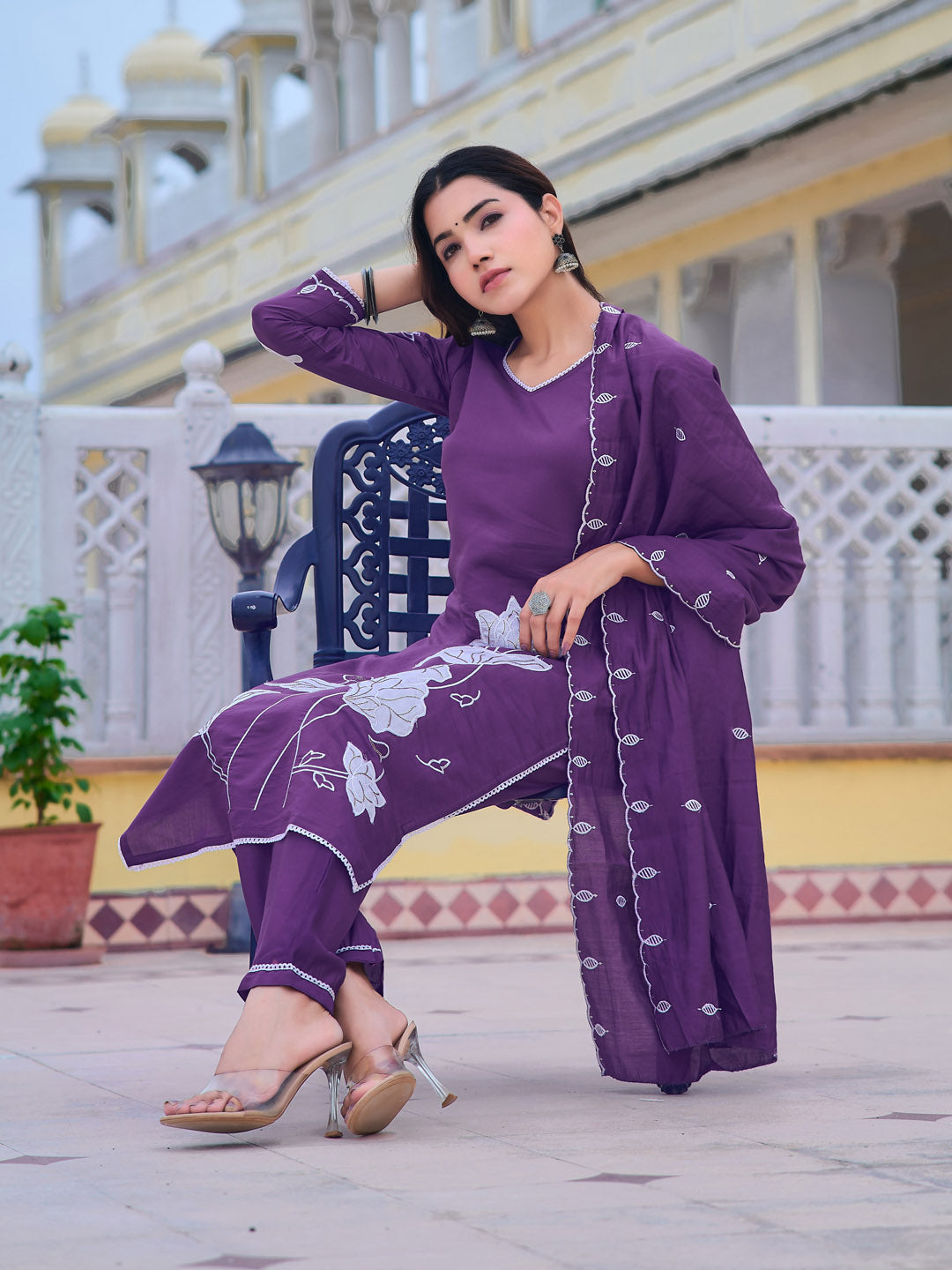 Embroidered Kurta With Pant & Embroidered Dupatta, Purple - Hiral Fashion
