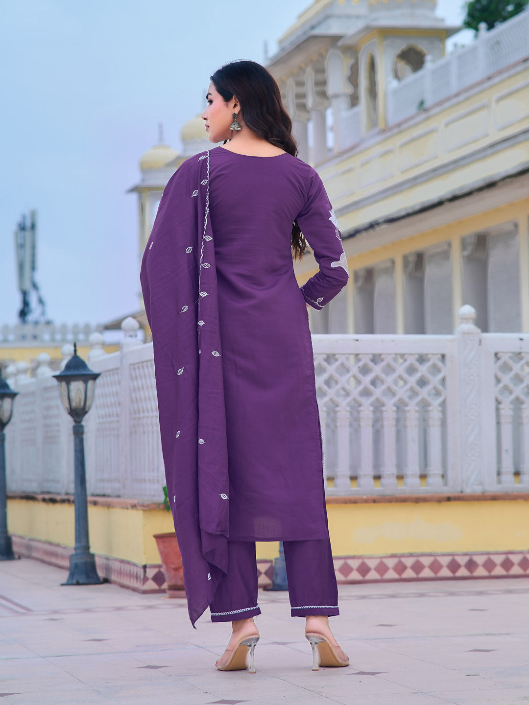 Embroidered Kurta With Pant & Embroidered Dupatta, Purple - Hiral Fashion