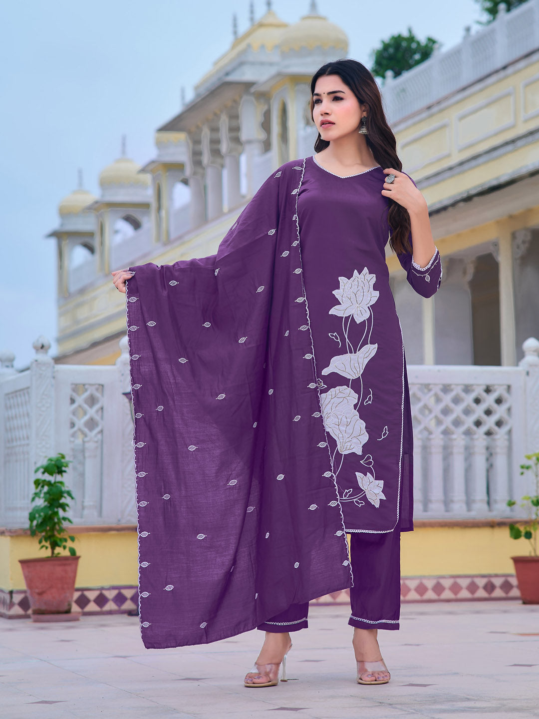 Embroidered Kurta With Pant & Embroidered Dupatta, Purple - Hiral Fashion