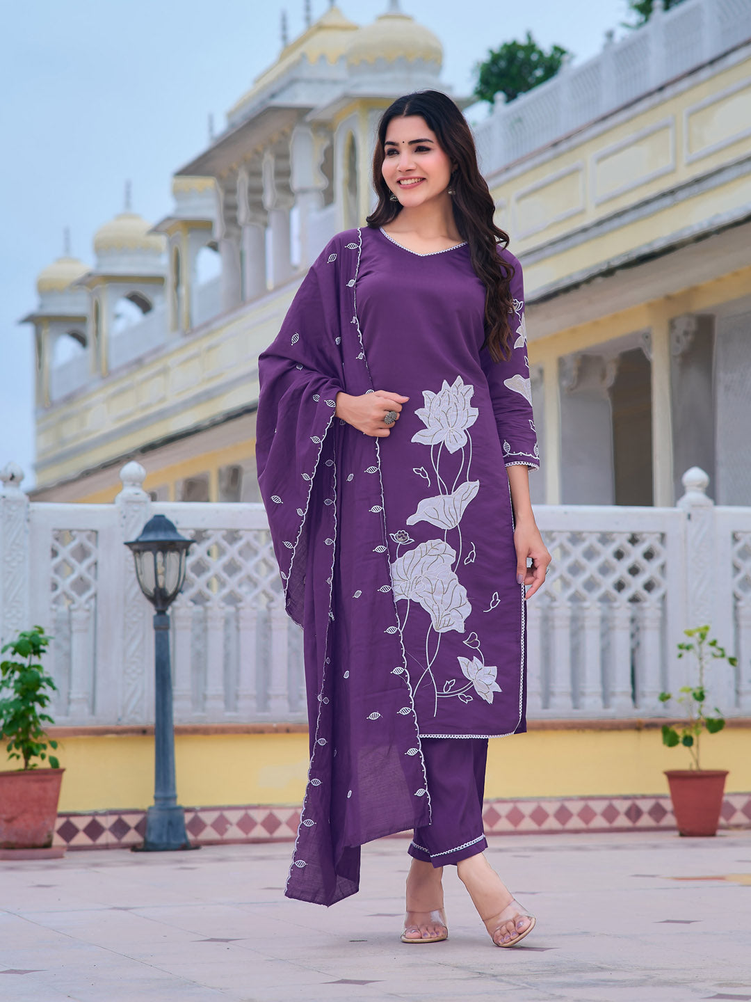Embroidered Kurta With Pant & Embroidered Dupatta, Purple - Hiral Fashion