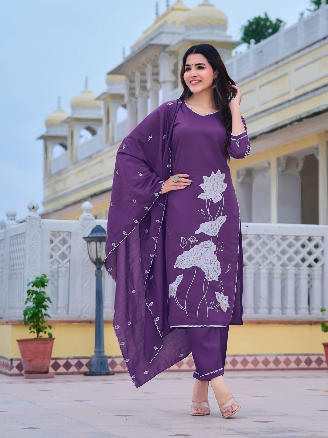 Embroidered Kurta With Pant & Embroidered Dupatta, Purple - Hiral Fashion
