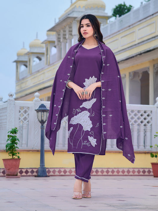 Embroidered Kurta With Pant & Embroidered Dupatta, Purple - Hiral Fashion