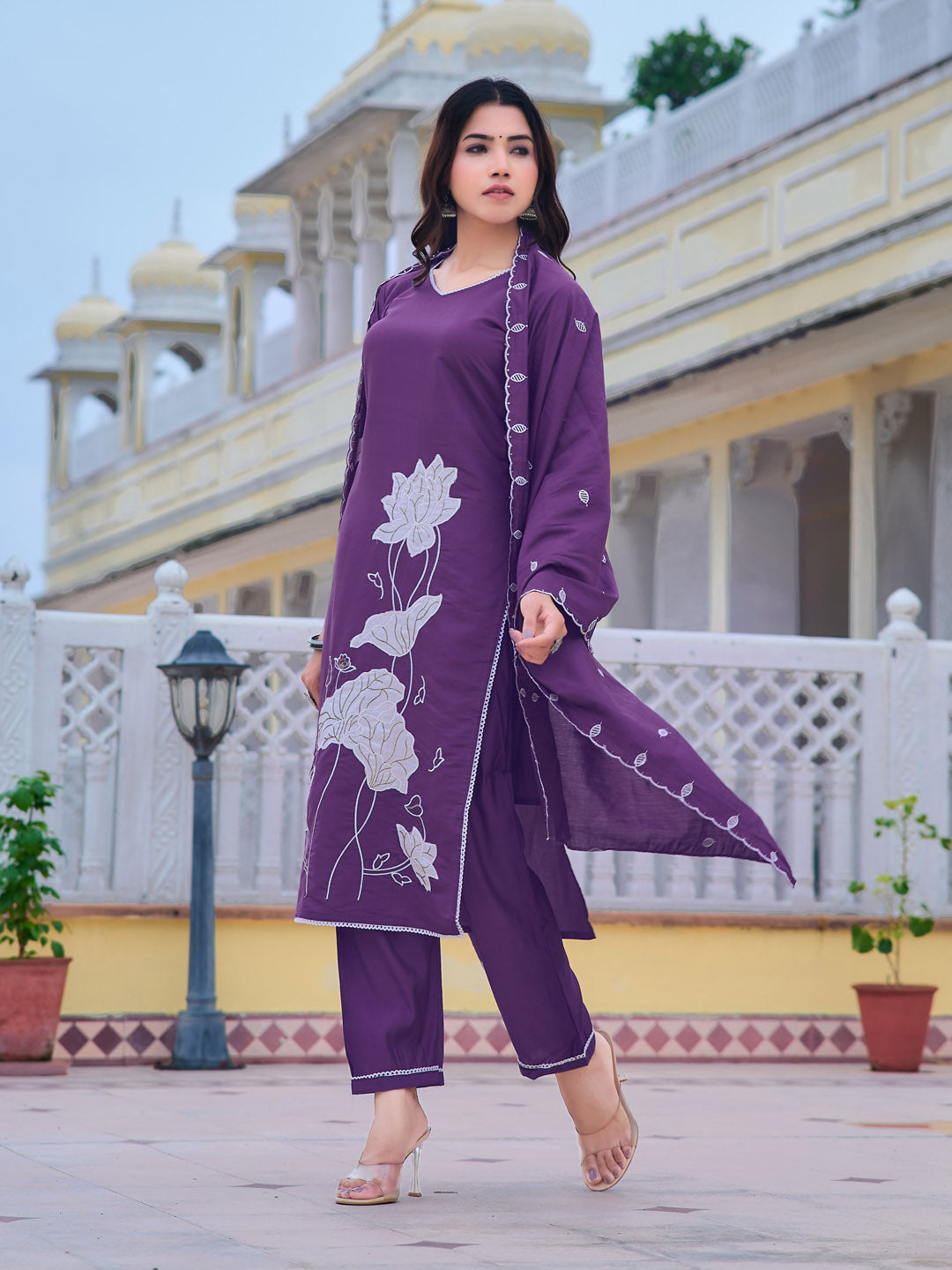 Embroidered Kurta With Pant & Embroidered Dupatta, Purple - Hiral Fashion