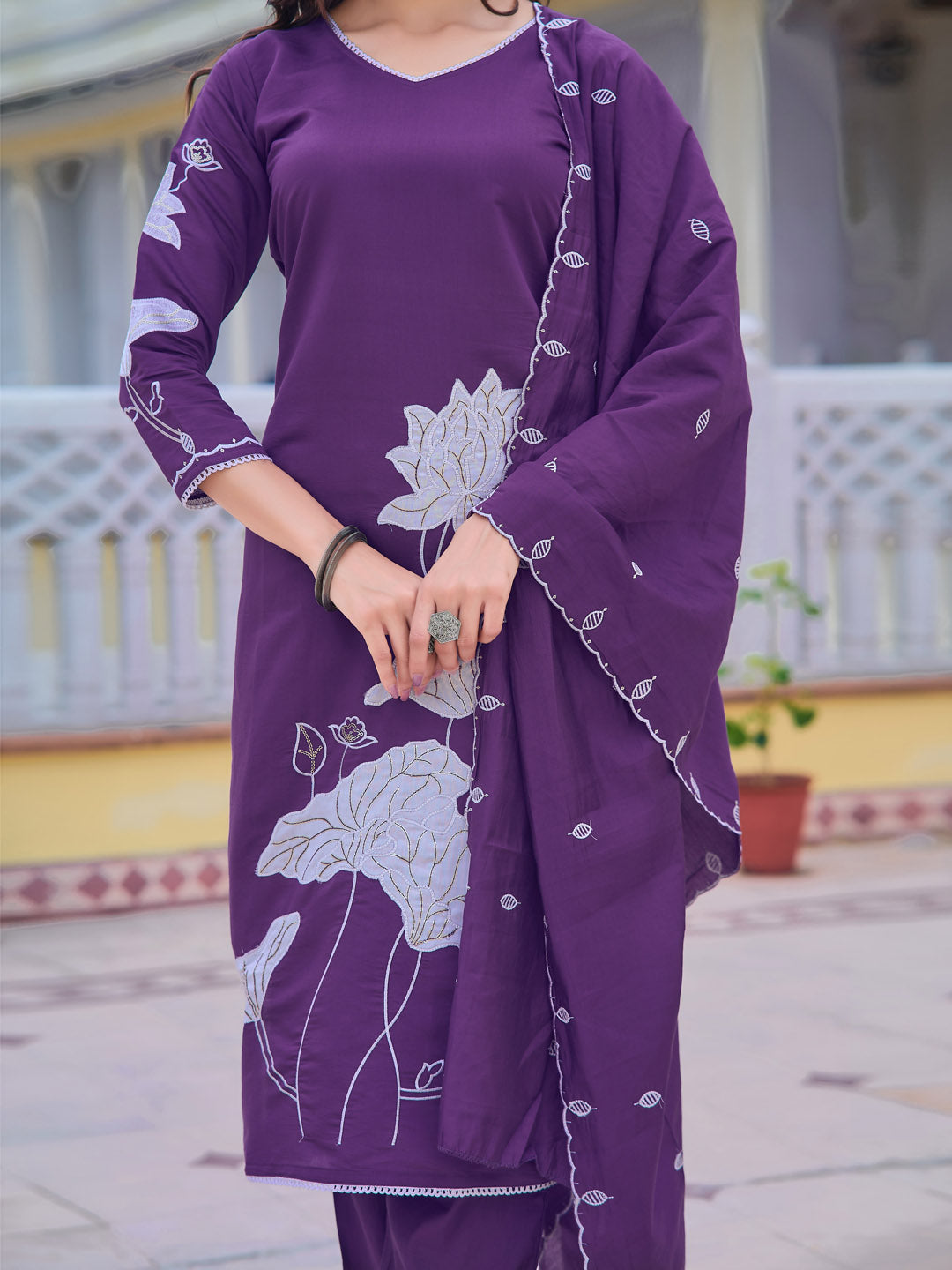 Embroidered Kurta With Pant & Embroidered Dupatta, Purple - Hiral Fashion