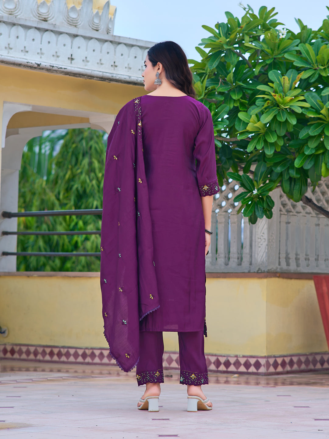 Embroidered Kurta With Pant & Embroidered Dupatta, Purple - Hiral Fashion