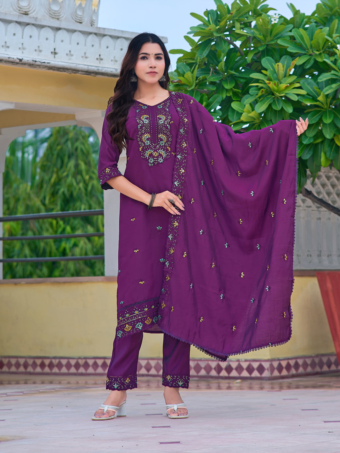 Embroidered Kurta With Pant & Embroidered Dupatta, Purple - Hiral Fashion