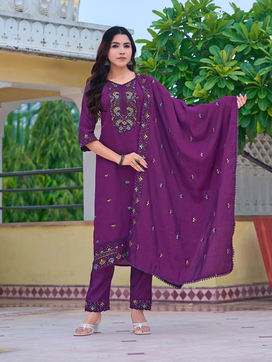 Embroidered Kurta With Pant & Embroidered Dupatta, Purple - Hiral Fashion