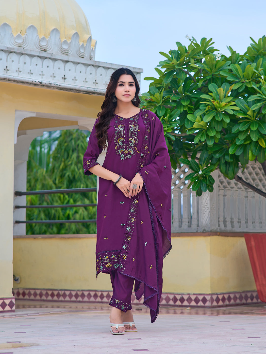 Embroidered Kurta With Pant & Embroidered Dupatta, Purple - Hiral Fashion