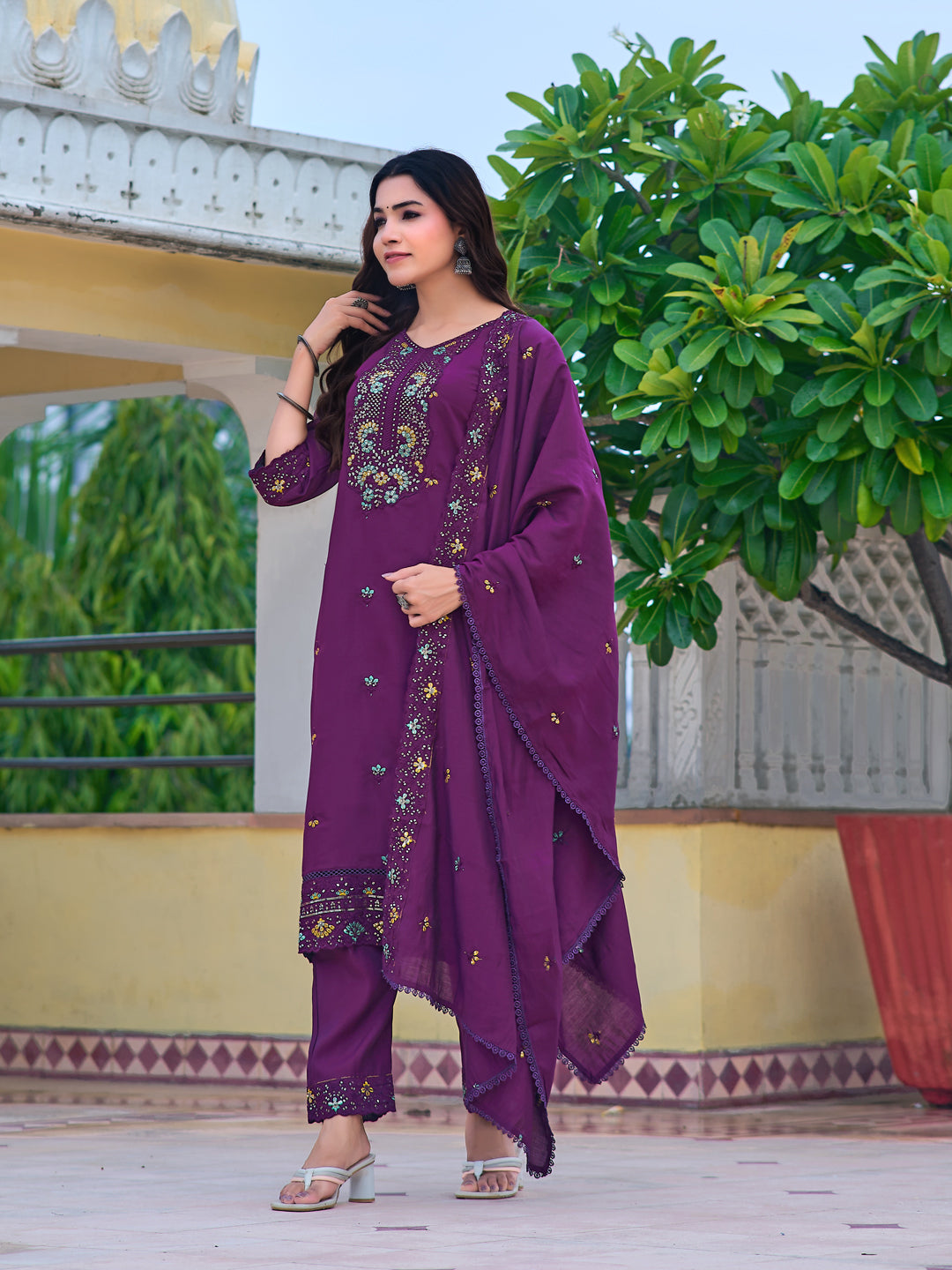 Embroidered Kurta With Pant & Embroidered Dupatta, Purple - Hiral Fashion