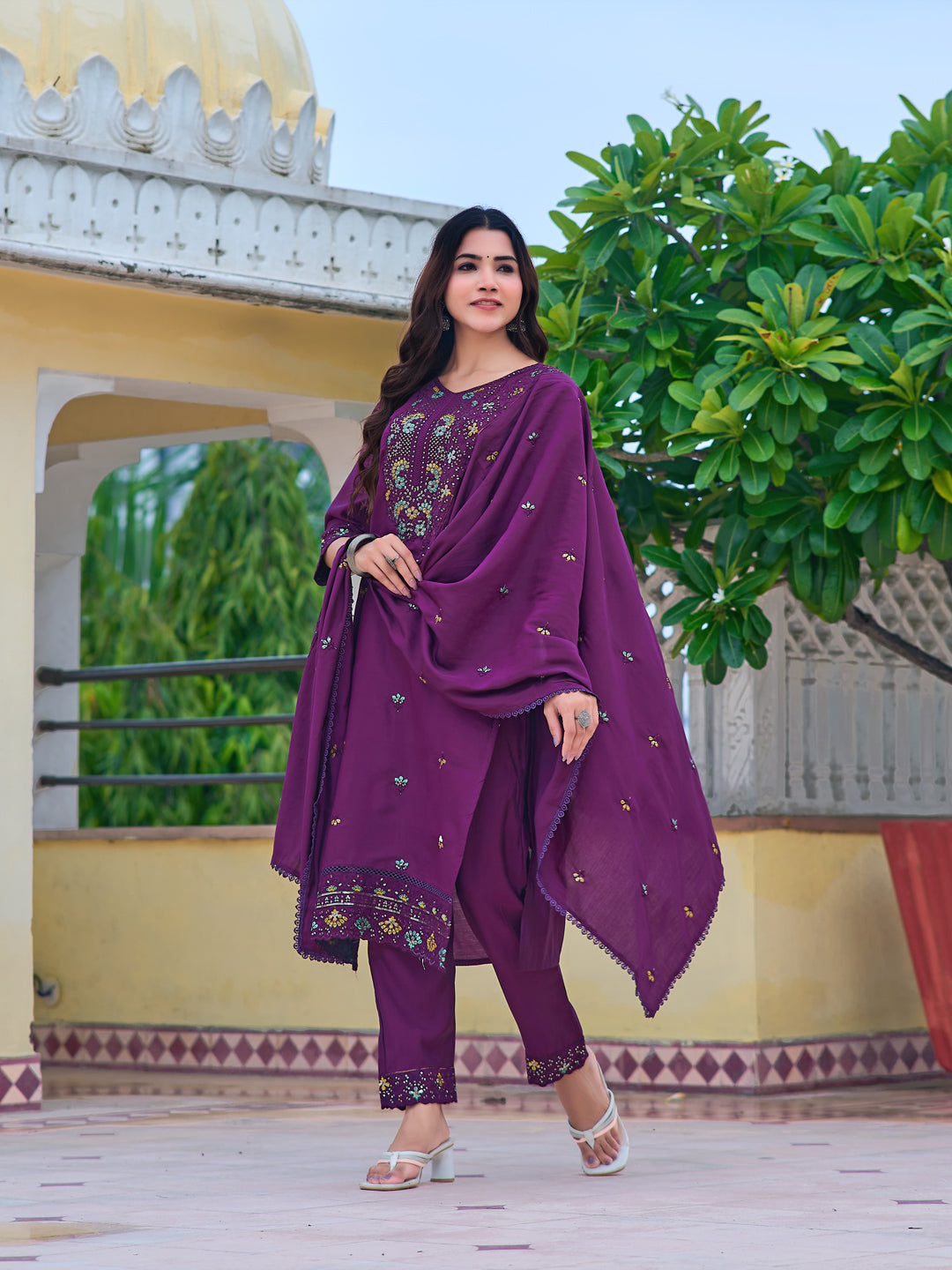 Embroidered Kurta With Pant & Embroidered Dupatta, Purple - Hiral Fashion