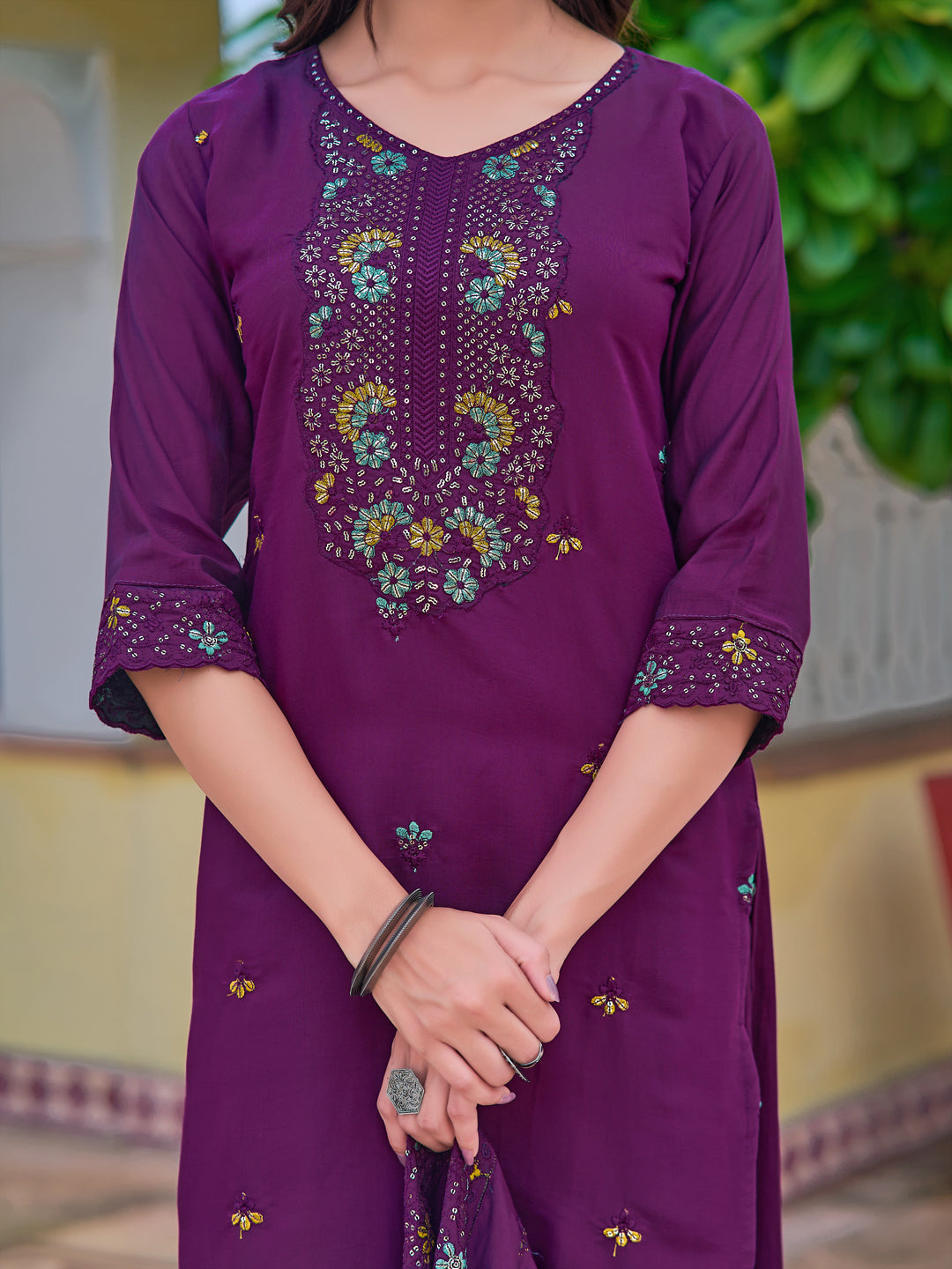 Embroidered Kurta With Pant & Embroidered Dupatta, Purple - Hiral Fashion