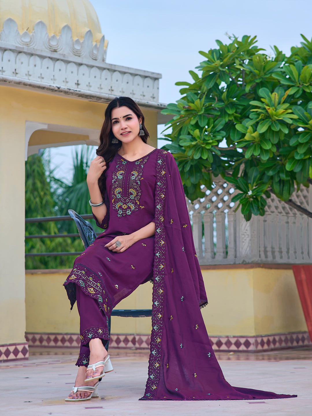 Embroidered Kurta With Pant & Embroidered Dupatta, Purple - Hiral Fashion