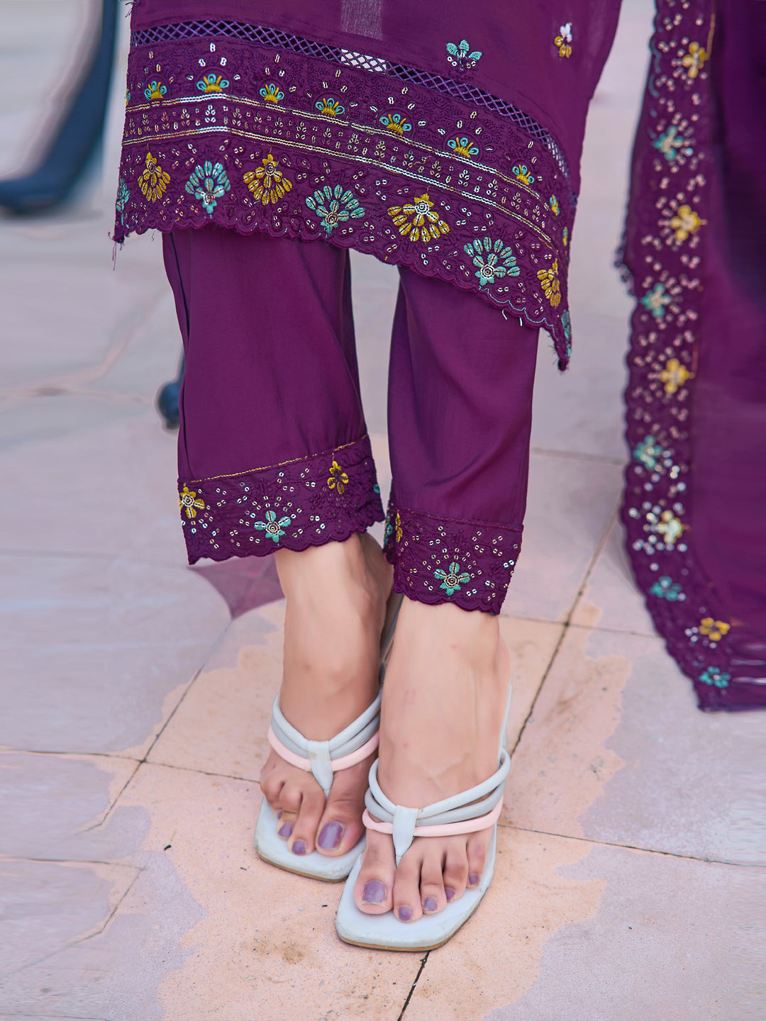 Embroidered Kurta With Pant & Embroidered Dupatta, Purple - Hiral Fashion