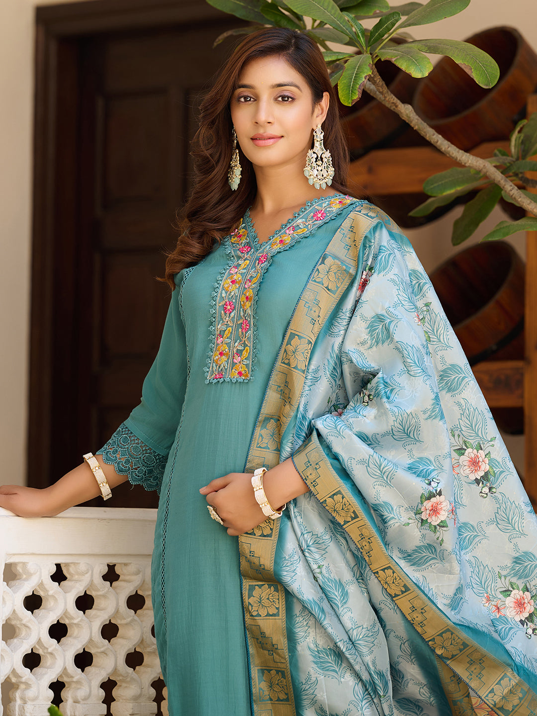 Embroidered Kurta With Pant & Embroidered Dupatta, Blue - Hiral Fashion